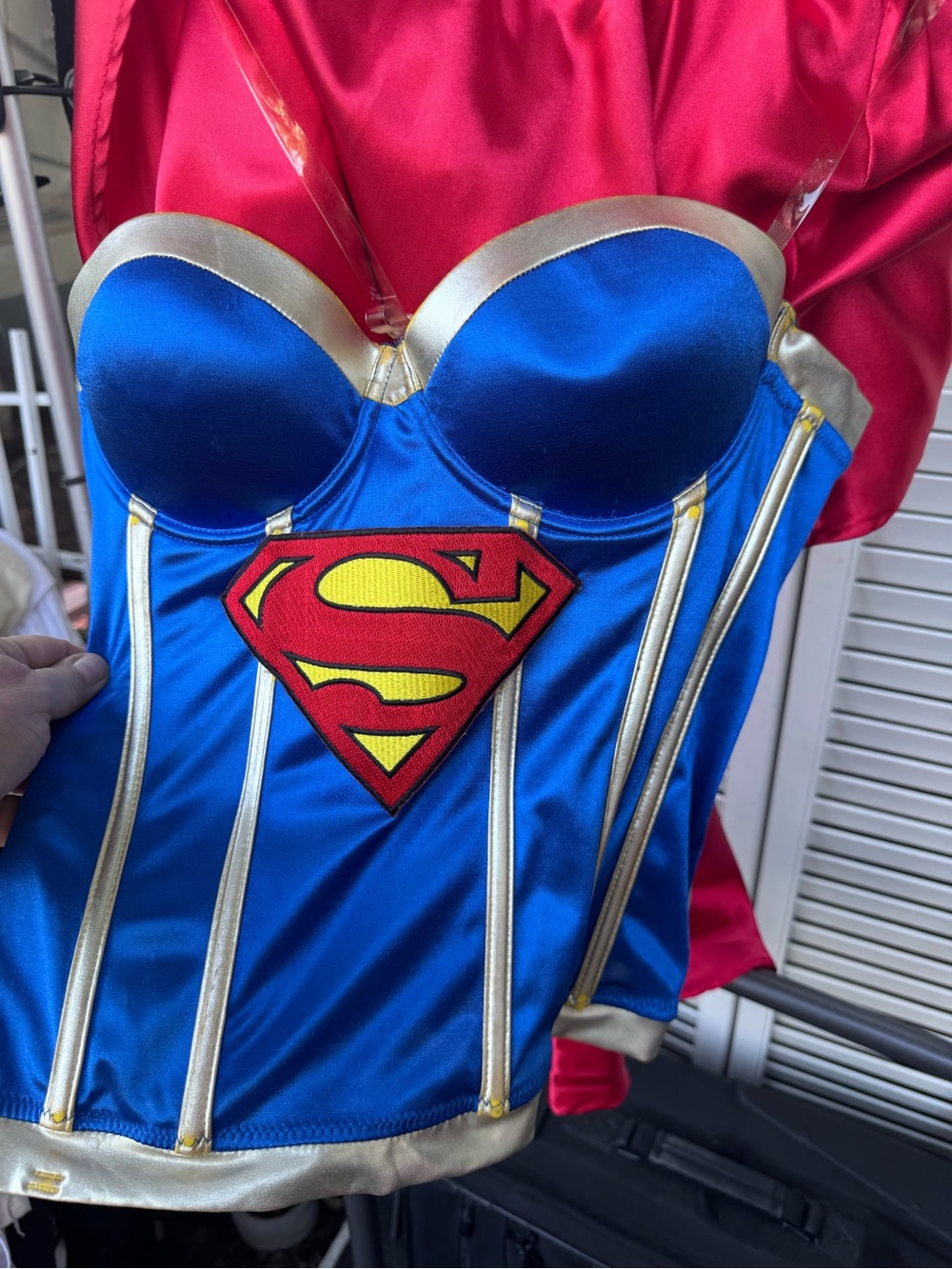 Girls Blue Supergirl-Inspired Costume Dress with Red Cape and mini skirt